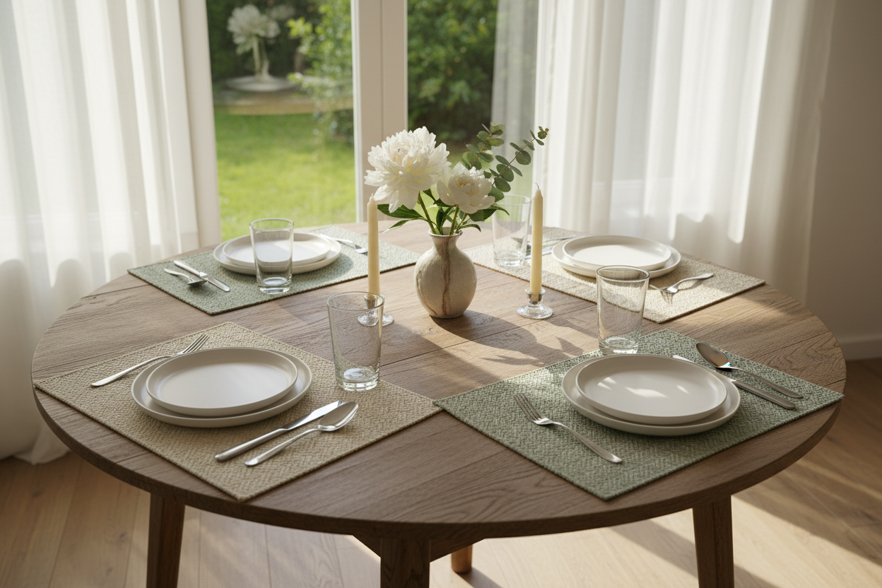 generate an peaceful dining table with table mats